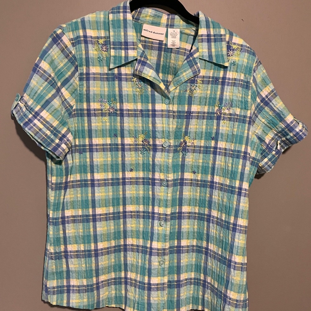 Alfred Dunner Shirt & Shorts 2pc Set 16 Green Plaid Floral‎ Cottage Seersucker